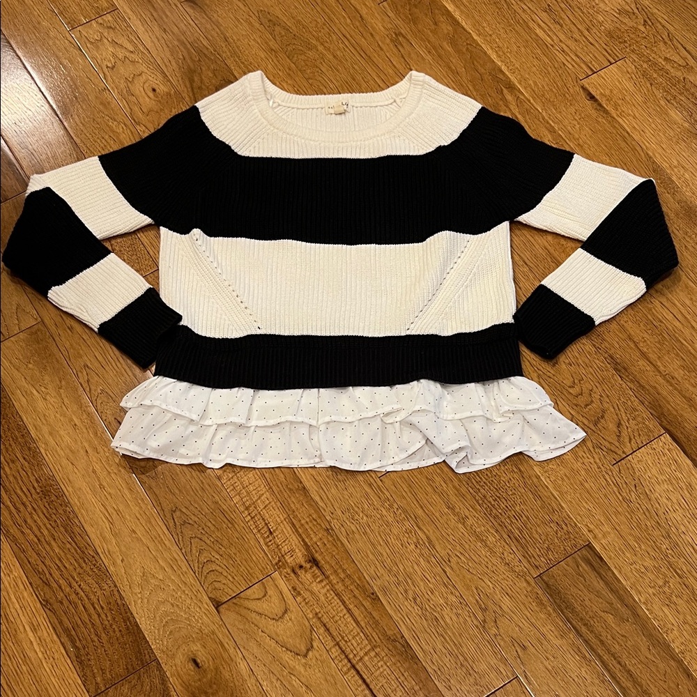 Black and White Striped Sweater with Ruffle Hem